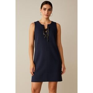 Paule Ka‎ Paris Navy Lace Up Shift Dress Sleeveless Cotton Blend Size 42 US 10